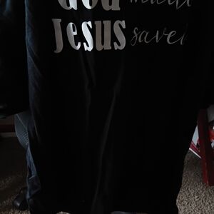 Black Graphic Tee with White 'Jesus' Text